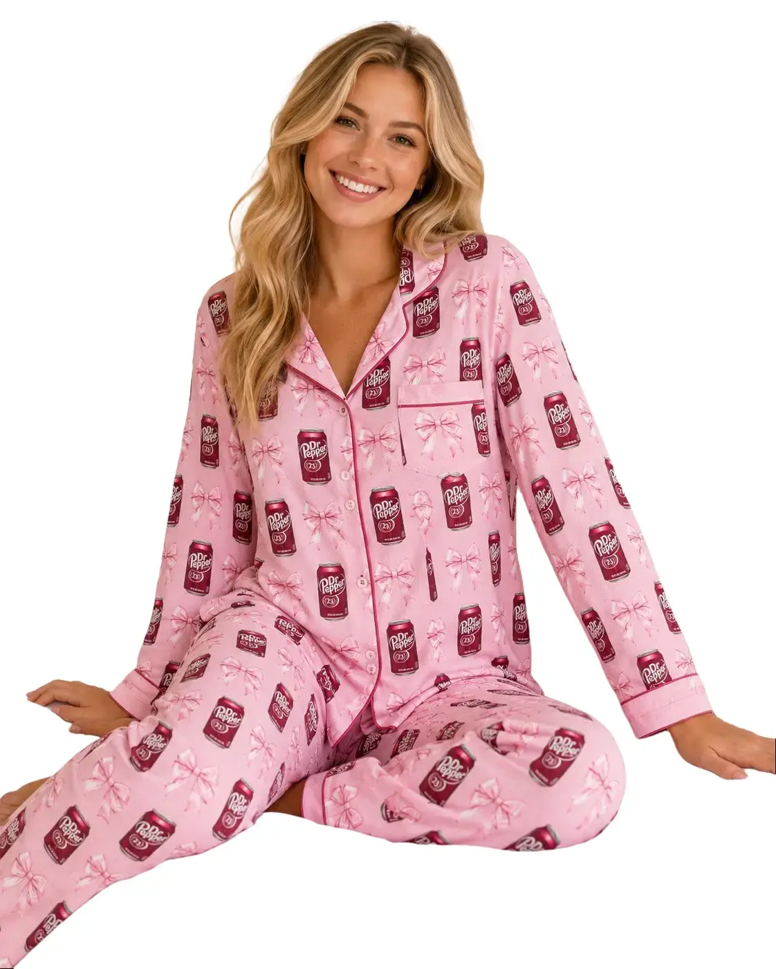 Women's Pink Pepper Pajama Set – Short Sleeve Button Down Sleepwear with Cute Bow & Soda