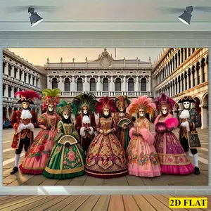 1pc Extra Large Venice Carnival Backdrop - Venetian Masks & Costumes Party Decor with Red/Golden/Pink/ Green/Teal/Golden Colors - Durable Polyester Fabric Photo Booth Banner for Birthday, Wedding, Masquerade Ornaments White
