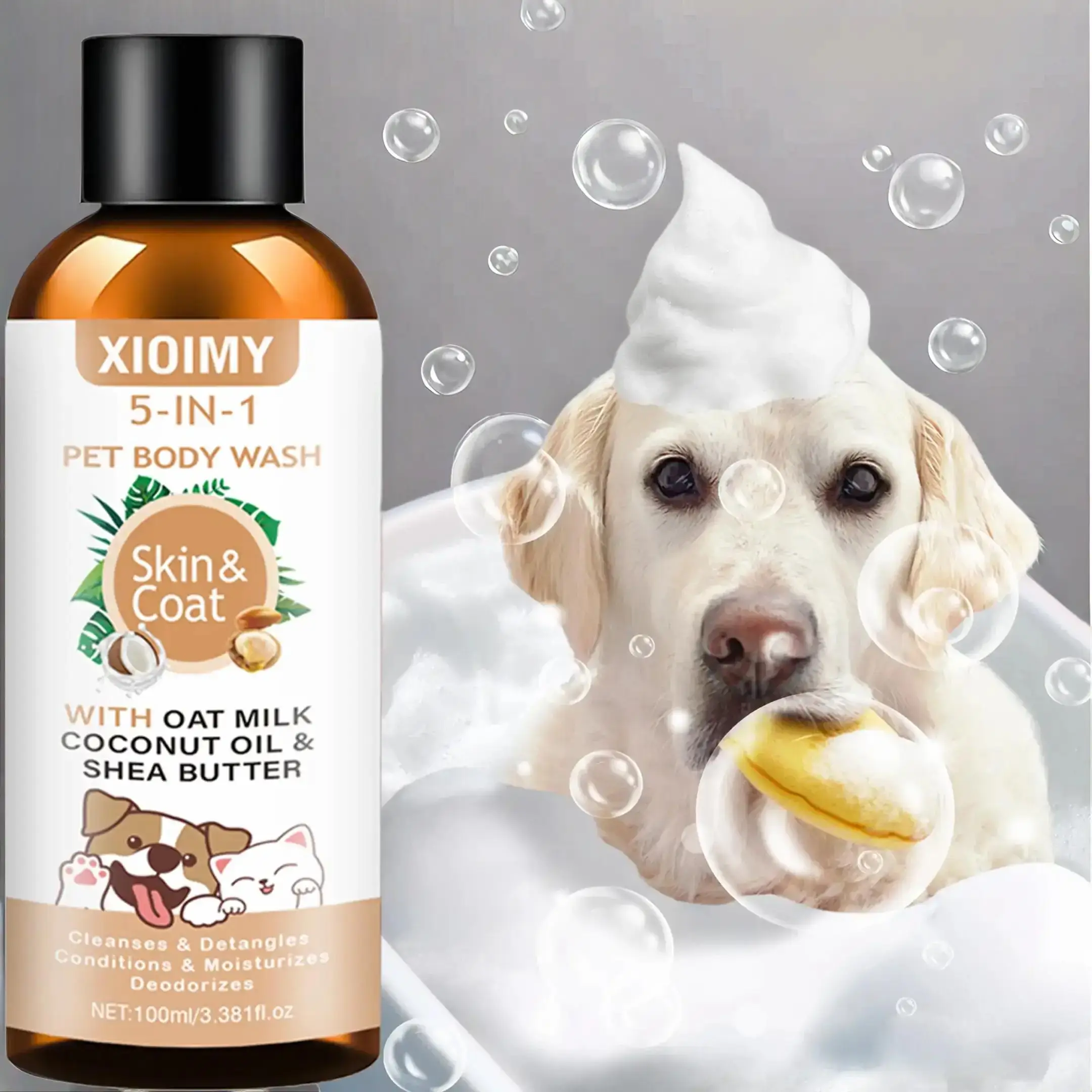 5 in 1 Pet Shampoo, 1 Box Natural Pet Body Wash with with Oat Milk & Coconut Oil & Shea Butter, Pet Hair Care Product, Dog & Cat Grooming Bath Clean S