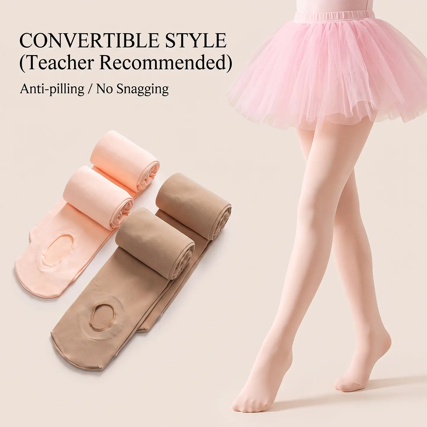 Girls' Convertible Dance Tights - Hole-Cutout Ballet Pantyhose, Anti-Pilling Snag-Resistant Footed Stockings, Soft Stretchy Fabric, Teacher-Recommended for Ballet Class, Stage Performances
