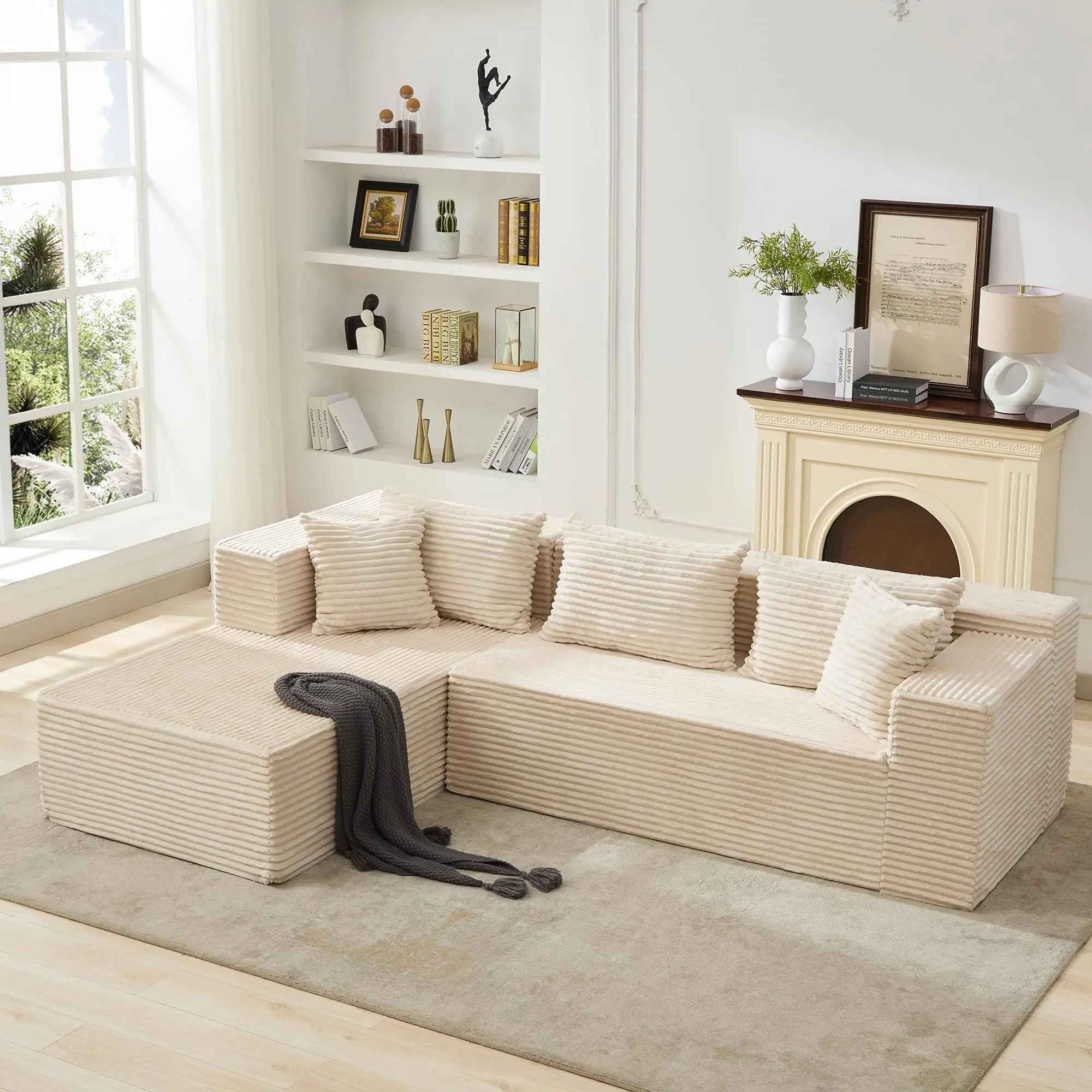 GAOMON 106in Armless Memory Foam L-Shape Chaise Cloud Sectional Couch, Modern Modular Deep Seat Corduroy Polyurethane Foam Upholstered Living Room Bedroom Set, Fully Assembled Beige Sofa for Kids