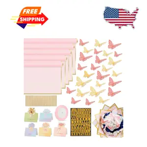 52Pcs Flower Bouquet Wrapping Paper Accessories Kit With 12 Gold 12 Pink Butterflies, 5 Cards, 1 Ribbon, 1 Letter 1 Rhinestone Sticker (Gold Edge)
