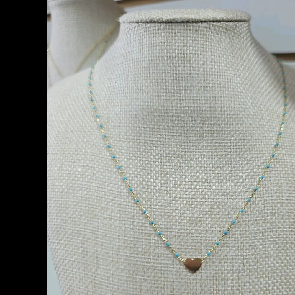 14k Gold Chain Necklace Size 16 Inch with Turquoise Beads and Heart Pendant for Women