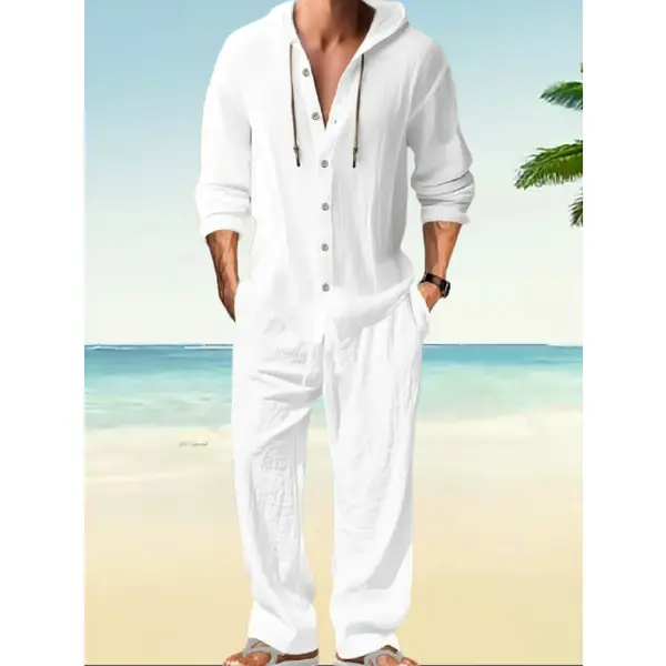 Men's Trendy Linen Hooded Two-Piece Set, Casual Vacation Style, Loose Fit Breathable Fabric, Hoodie & Wide-Leg Pants, Spring & Fall Wear