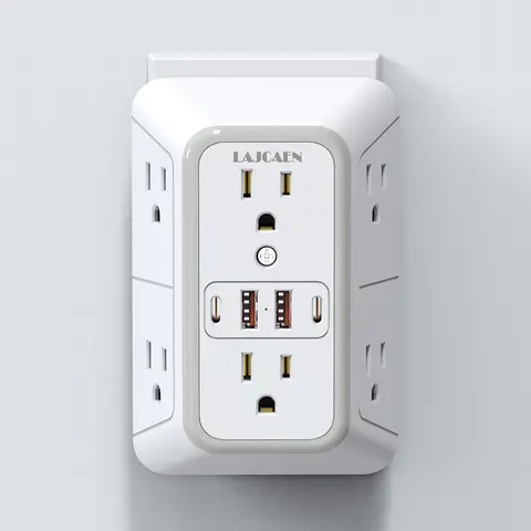 JcBlaon Multi Plug Extender Wall Socket Surge Protector - 6 Multiple Sockets, 2 USB-C Ports, 2 USB-A Ports, 2.15in Wide Spacing, Rectangle Design, Wall-Mountable, Travel-Ready Compact for Home, Office (No Night Light)