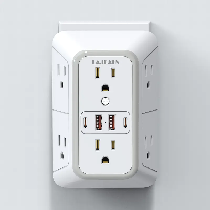 JcBlaon Multi Plug Extender Wall Socket Surge Protector - 6 Multiple Sockets, 2 USB-C Ports, 2 USB-A Ports, 2.15in Wide Spacing, Rectangle Design, Wall-Mountable, Travel-Ready Compact for Home, Office (No Night Light)