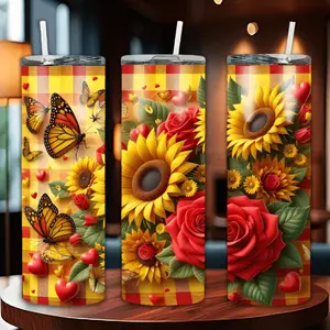 20oz Stainless Steel Vacuum Insulated Tumbler with Straw Lid - Vibrant Sunflower/ Rose/ Butterfly Design, Double-Wall Leakproof, Keeps Hot/ Cold, Perfect Gift for Outdoors/ Birthdays/ Holidays/ New Year