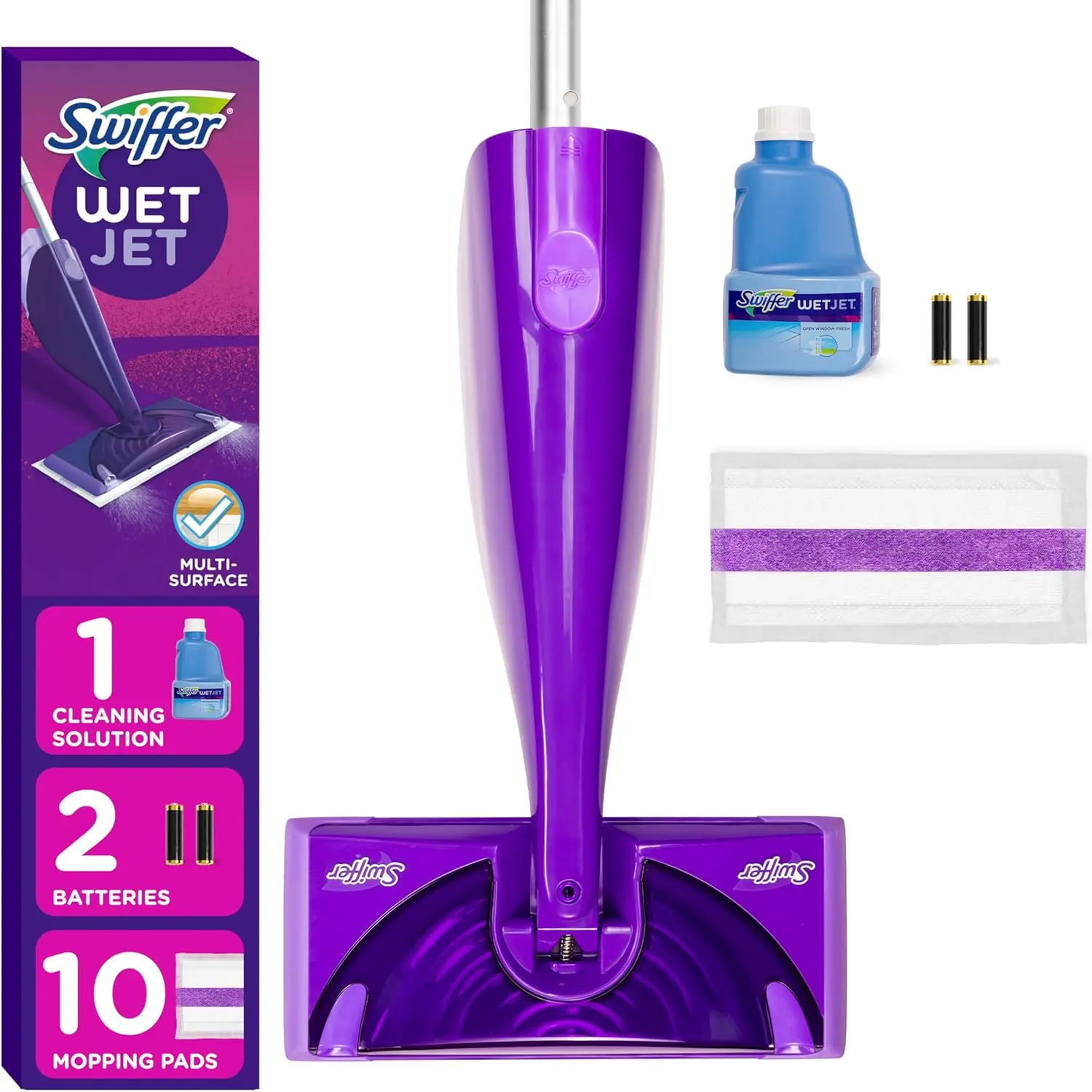 Swiffer WetJet Spray Mop Starter Kit, Hardwood & Floor Cleaner, 10 Pads, Cleaning Solution & Batteries