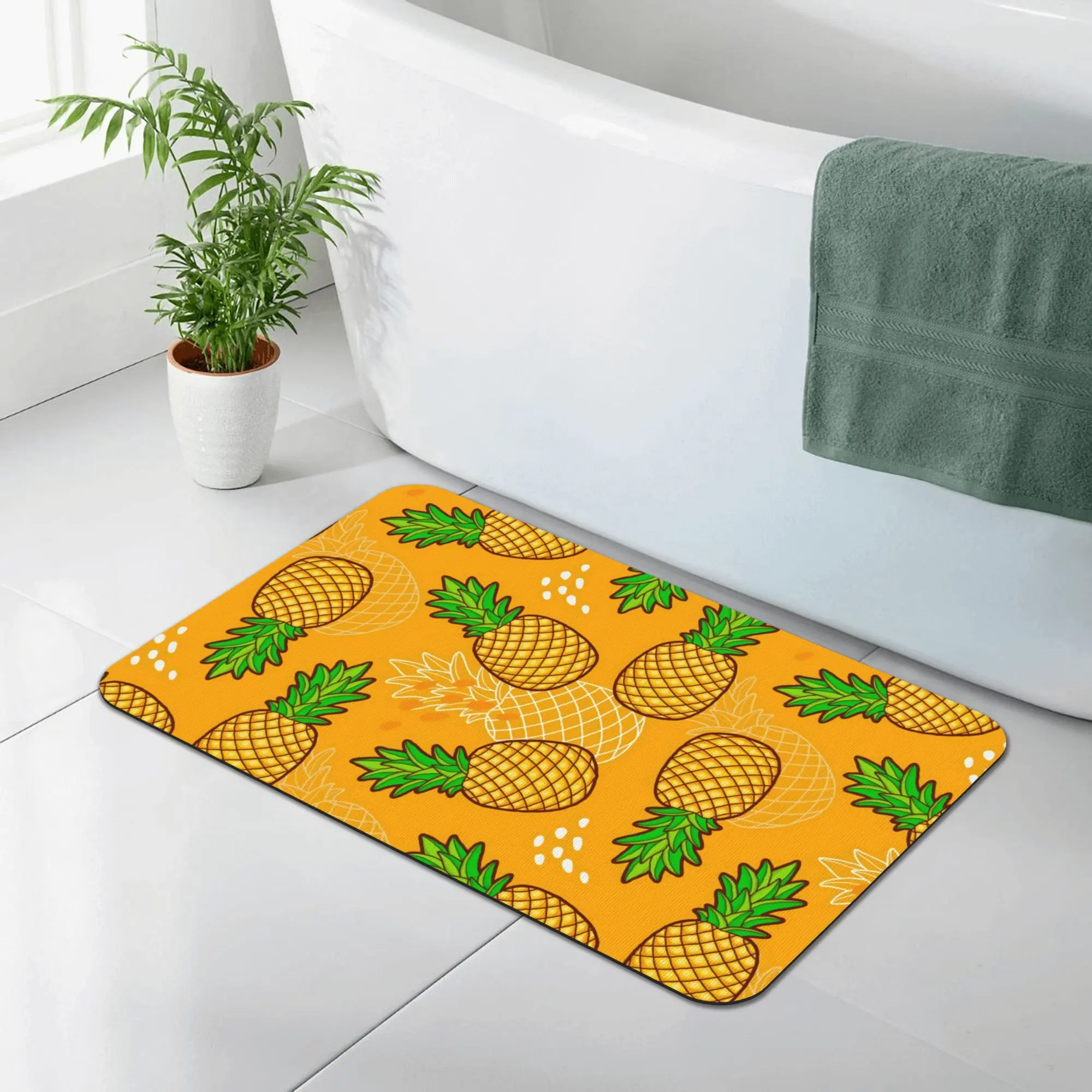 Tropical Pineapple Diatomaceous Earth Doormat, Bright Yellow Fruit Pattern, Super Absorbent Quick Dry, Non Slip Kitchen Bath Mat Print 40X60Cm(15.8*23.6In)