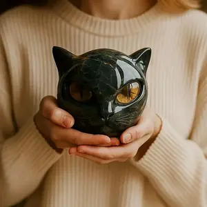 Luxurious Black Cat Obsidian-like Resin Sculpture Statue - Hand-Polished Glossy Marble-like Spherical Figure with Realistic Tabby Cat Eyes & Black Marble Base, Elegant /Office Decor, Modern Home Decoration, Collectible Gift for Cat Lovers