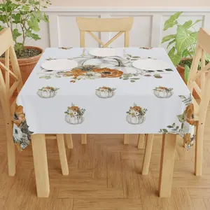 Thanksgiving Harvest Tablecloth Square Design White Polyester Fabric with Pumpkin & Leaf Pattern Soft Durable Lightweight Easy Maintenance for Fall Dining Room Decor