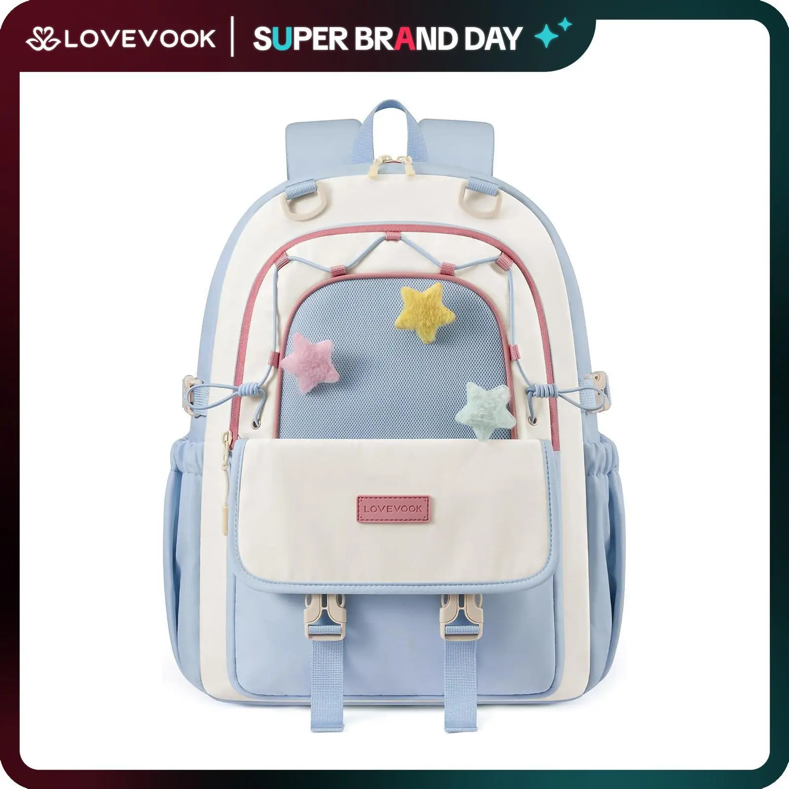 LOVEVOOK School Backpack for Teen Girls, Cute Lightweight Bookbag with Star Charm, Large Capacity Backpack Fits 15.6 Inch Laptop, Water Bottle Holder, Gift for Kids & Students