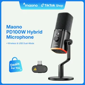 MAONO PD100W Wireless & Wired Gaming Microphone - Aesthetic Space-Saving Desktop Mic with Charging, High-Quality Audio, Quick Mute, Headphone Jack, Gain Knob, Volume Control, Dynamic RGB for PC Gamers, Compatible with PCs, Smartphones, Laptops, PS4, PS5,,