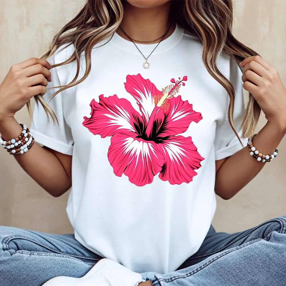 Hibiscus Flower Print T Shirt Women Casual Loose Fit Short Sleeve Top Summer Beach Wear White Cotton Tee