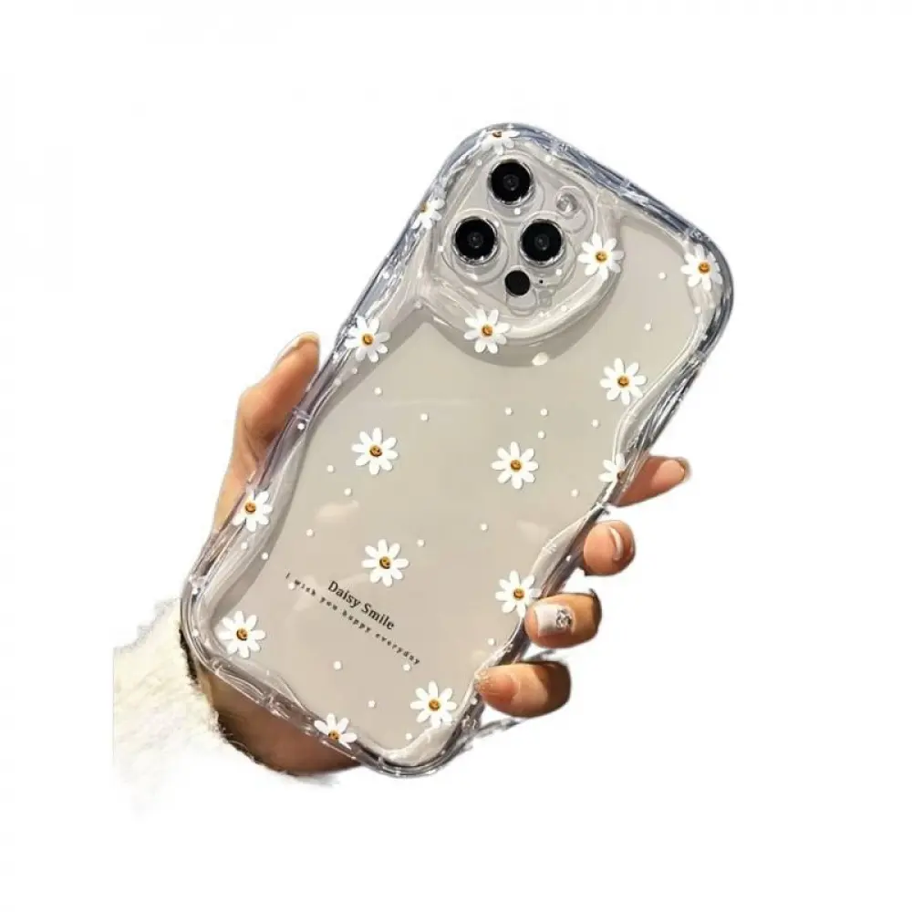 Daisy Smile Floral Cream Wavy Edge Phone Case for iPhone 17 16 15 14 12 11 13 Pro Max Plus Pro Air Shockproof Camera Protection TPU Soft Cover Durable Protective Case Clear Print