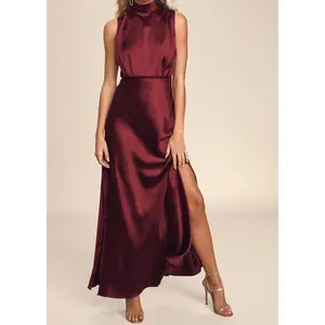 Lulus Classic Elegance Wine Satin Maxi Dress