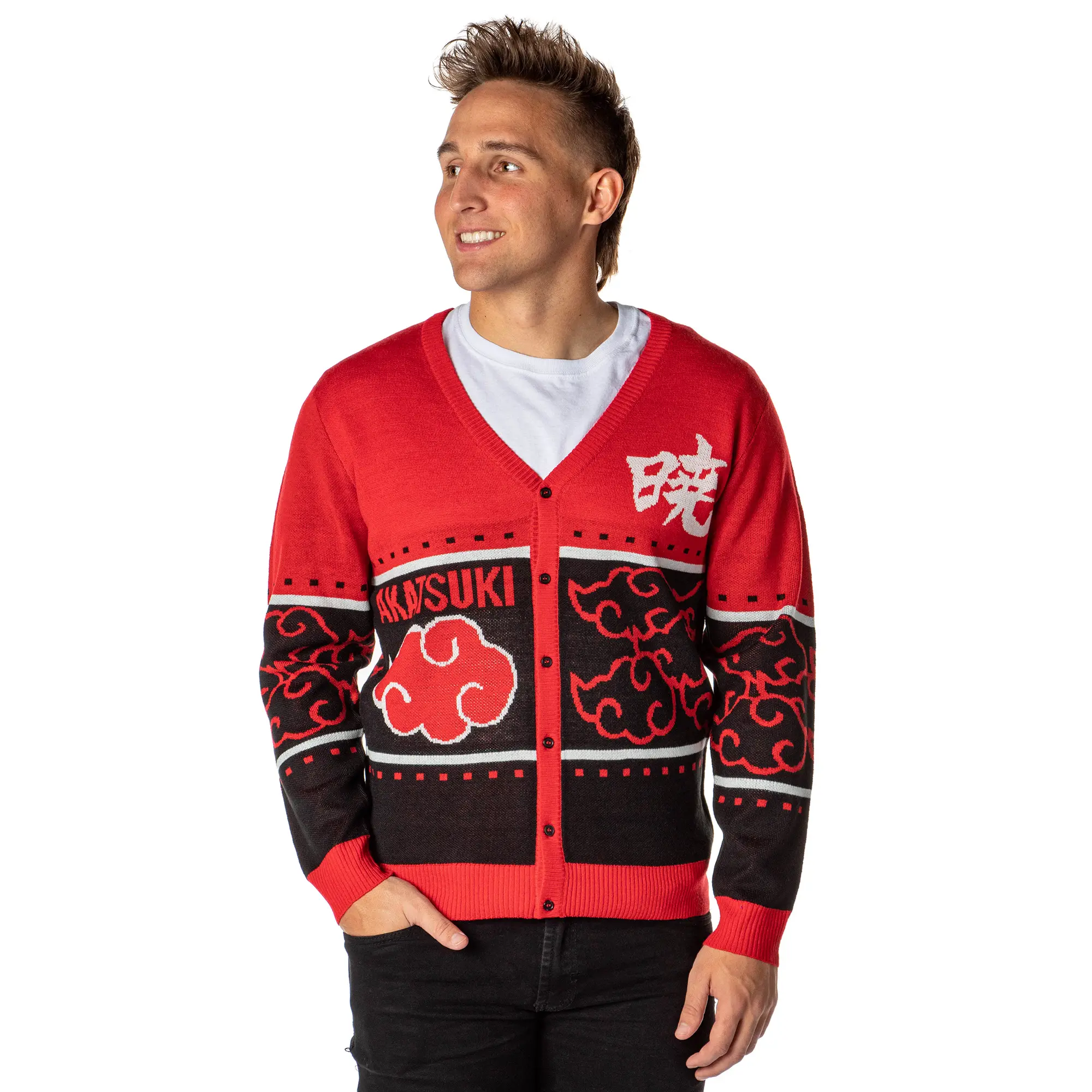 Naruto Shippuden Men's Akatsuki Red Cloud Ugly Sweater for Christmas Button-Up Knit Cardigan, Knitwear, Akatsuki Print, Gift For Fans