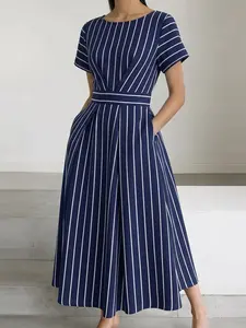 ZANZEA Women's Round Neck Striped A-Line Dress, Waist Cinch Design, Side Zipper Pockets, Casual Daily Wear, Commute Style