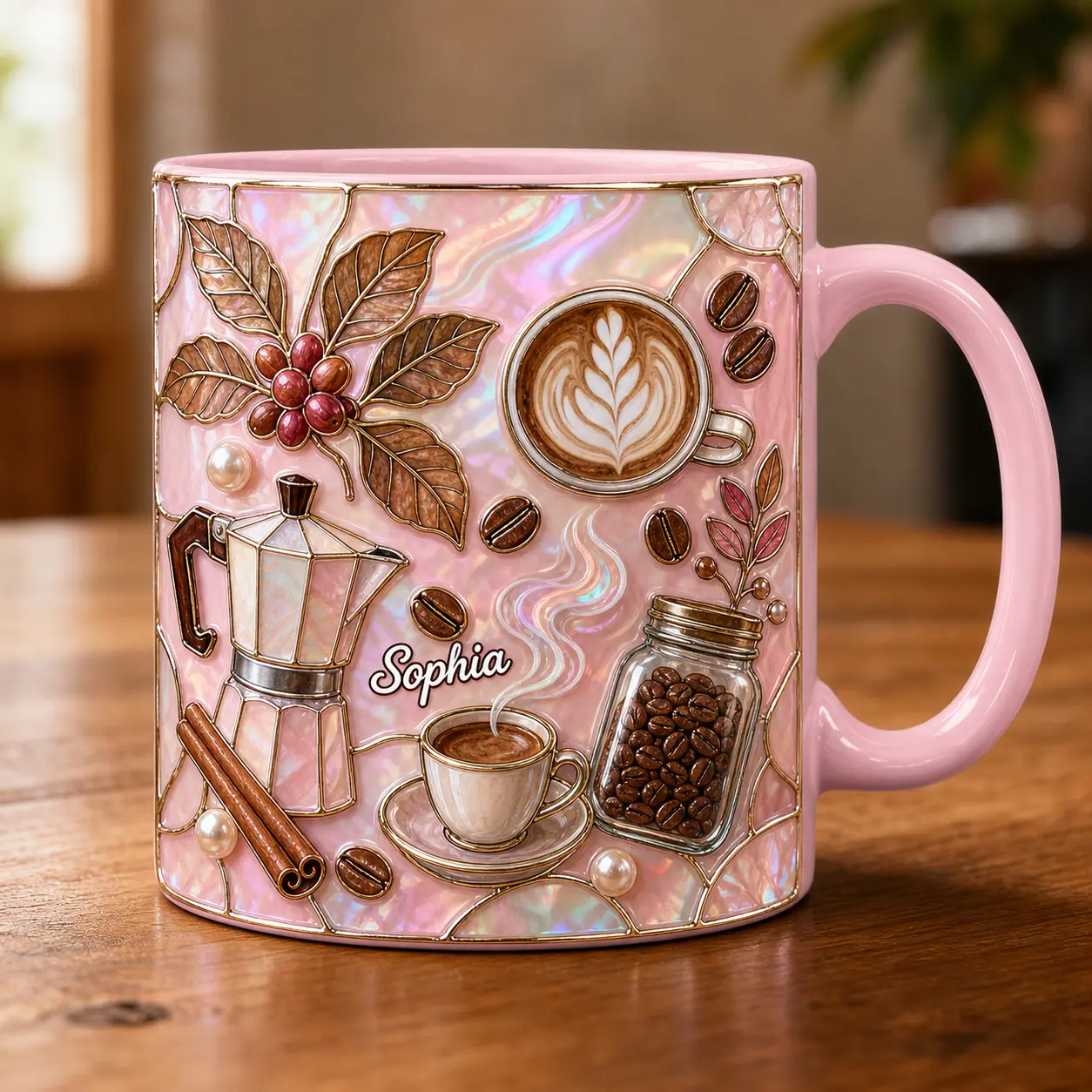 Custom Coffee Mug 2D Printed 3D Effect, Personalized Name Ceramic Cup with Espresso Cup, Coffee Beans and Cinnamon Design, Gift for Coffee Lover Her