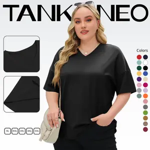 Tankaneo  Women's Plus Size V Neck T Shirts Summer Half Sleeve Tees Casual Loose Fit Cotton Tunic Tops