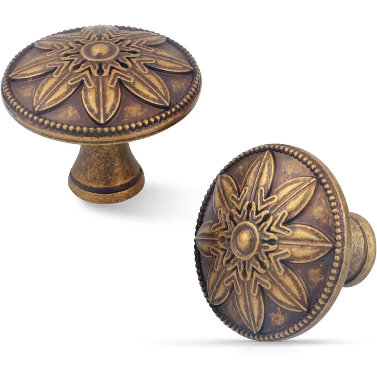 4 Pack 1.4" Round Antique Brass Vintage Rustic Cabinet Knobs Drawer Handles for Kitchen Cabinets and Dresser Drawers