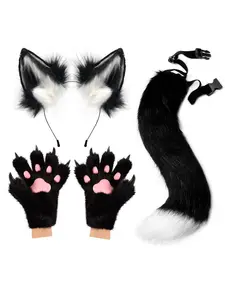 Faux Fur Fox Wolf Ears Headband Furry Tail Plush Cat Paw Mittens Gloves Set Halloween Cosplay Party Costumes Accessories