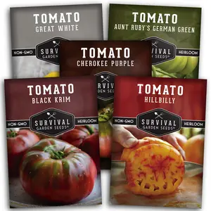 Colorful Tomato Collection - Black Krim, Great White, Aunt Ruby’s German Green, Hillbilly & Cherokee Purple - Non-GMO Garden Seeds