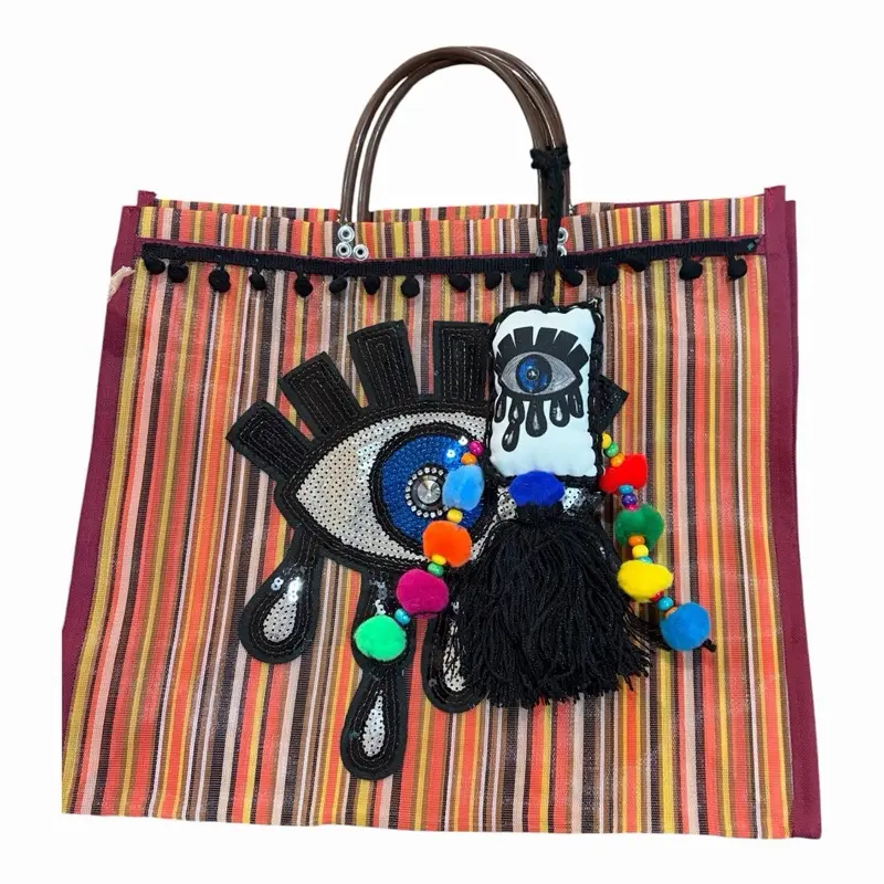 Mexican Maya Bag with Evil Eye Applique Boho Aztec Purse Blue Striped Design Colorful Beads and Tassels