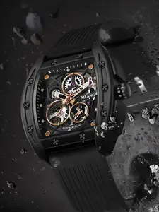 AILANG Men's Tonneau Automatic Mechanical Watch, Skeleton Hollow Out Dial with 3D Movement, 3ATM Waterproof Luxury Sports Wristwatch with Silicone Strap, High-End Fashion Men's Watch for Daily & Outdoor