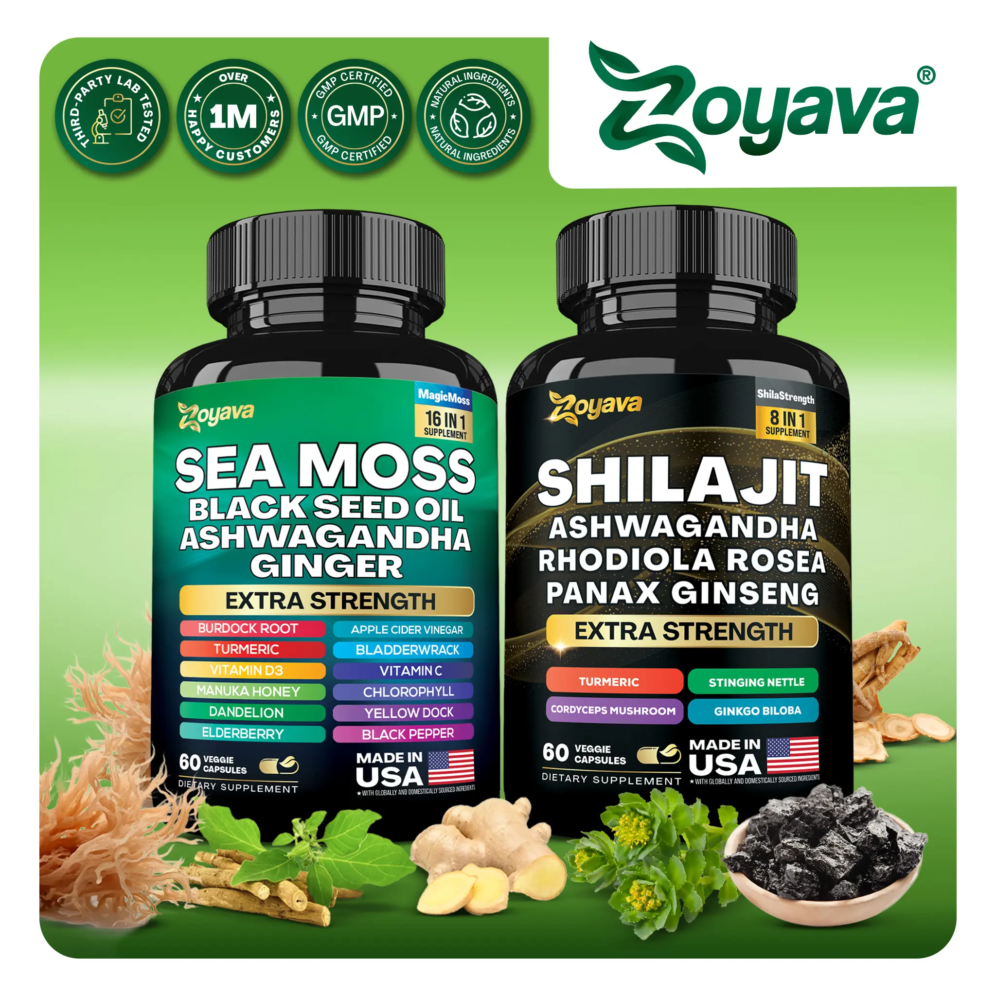 Dynamic Vitality Bundle - Zoyava Sea Moss & Shilajit Supplements - All-in-One Multivitamin Combo with Extra Strength Ingredients - MADE IN USA