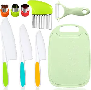 Mothers Day Gift 9 Pcs Kids Kitchen Knife Set, Kids Knives For Real Cooking With Cutting Board, Y Peeler, Crinkle Cutter, Sandwich Cutter, Serrated Edges Plastic Toddler Knife Kid Safe Knives