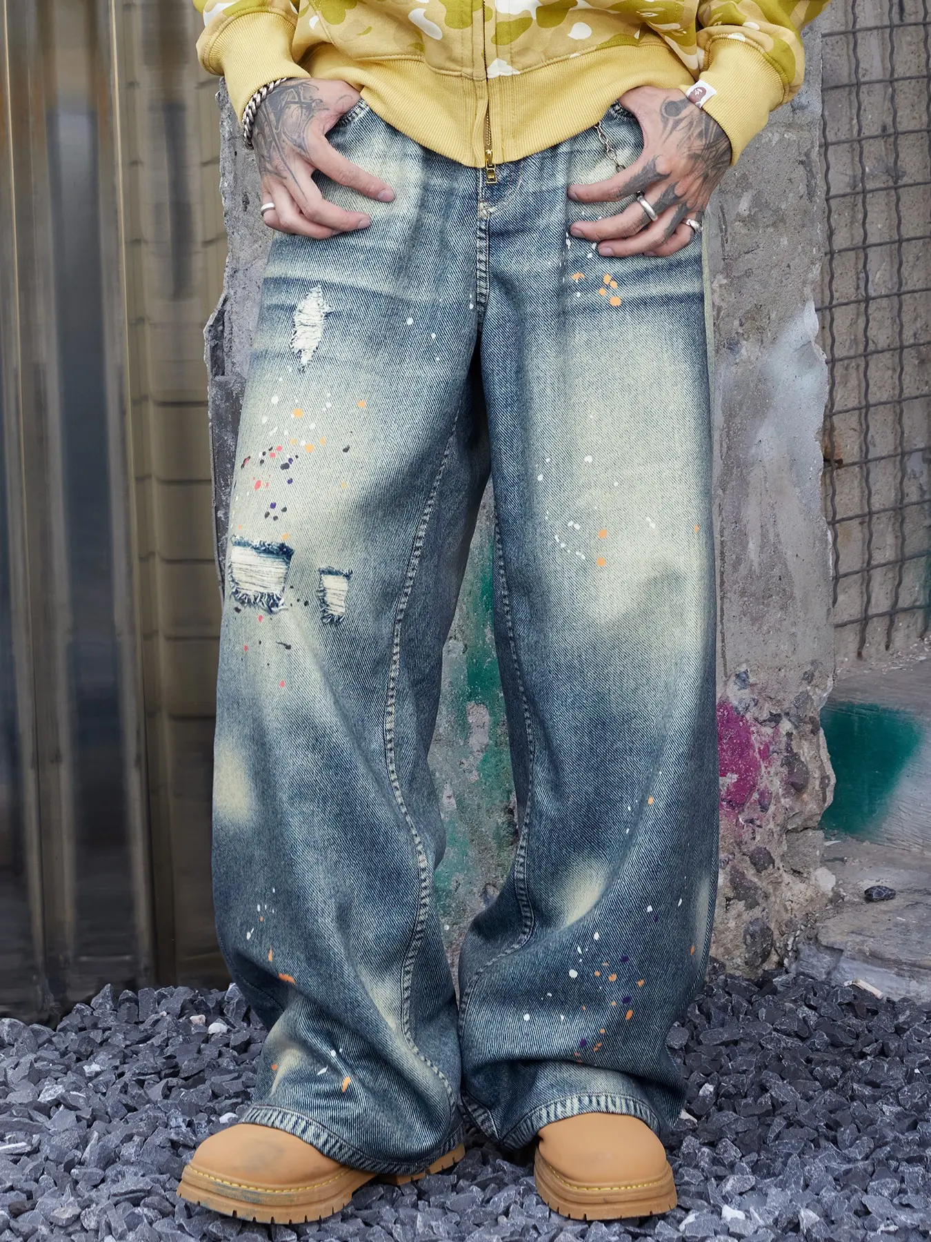 Imitation denim/vintage washed wide-leg imitation jeans with paint splatter marks, distressed details, punk style, and street fashion essentials, suitable for casual daily wear and going out