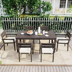 7-Piece Outdoor Acacia Wood Dining Set - Burly Wood Table & 6 Beige Cushioned Chairs, Weather-Resistant Patio Furniture for Garden, Balcony, Backyard