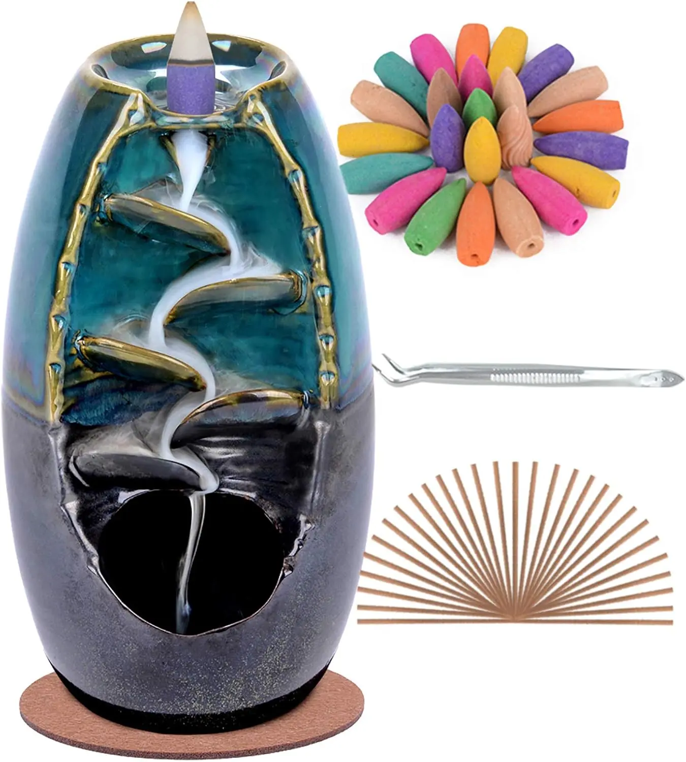 Ceramic Backflow Incense Holder and Burner Waterfall with 120 Backflow Incense Cones & 30 Incense Stick - Aromatherapy Ornament for Home Decor