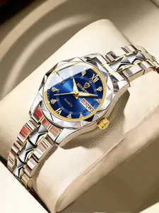 Women's Fashion Round Dial Stainless Steel Strap Quartz Watch, Stainless Steel Watches, 30m Waterproof Watch with Calendar Function, Trendy All-match & Exquisite Watch for Birthday Gift with Box, Quartz Wristwatch