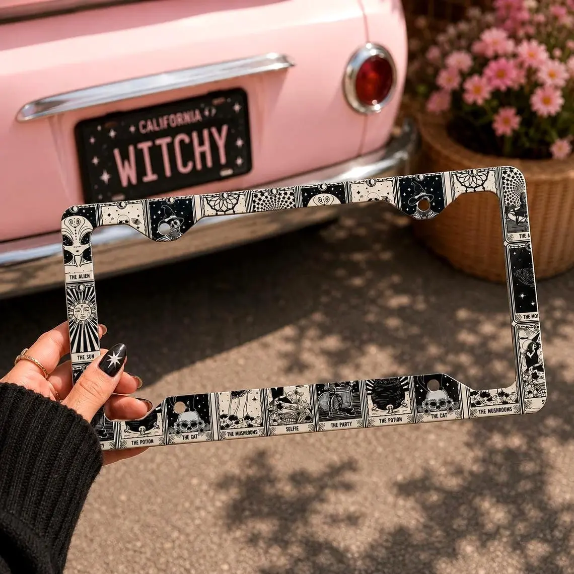 Tarot Card License Plate Frame, Celestial Alien Skull Witchy Car Accessory (12.3" x 6.5")