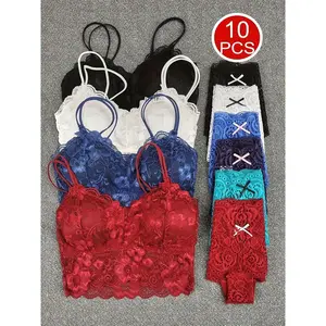 10pcs Of Women'S Underwear And Panties Combination Set Without Steel Rims, Comfortable Daily Exquisite Lace Bra Base, Beautiful Back, Seamless Suspender With Chest Cushion, Detachable Bra, Lace Underwear, Women'S Underwear And Panties