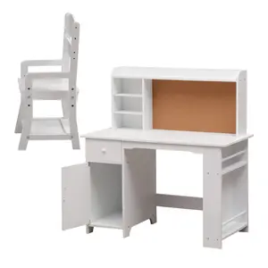 Kids Study Desk And Chair Set Wooden Toddler Learning Table With Bookshelf Storage Cabinets Cork Bulletin Board Homework Art Station Furniture For Boys Girls Age 3-8 Bedroom Playroom CPSIA Certified Heavy Duty White
