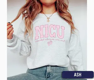 NICU Sweatshirt / Short Sleeve T-SHIRT , pink Gingham NICU Nurse, Neonatal Nurse Sweater, NICU Nurse Gift, nicu nursing Apparel