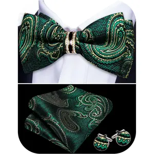 Mens Bow Tie Set Paisley Pre-tied Bowties Adjustable with Handkerchief Cufflinks Gold Ring Set Wedding Prom Party
