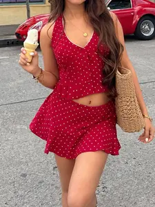 Retro Polka Dot Halter Two-Piece Set, Women's Button Front Top and Ruffle Hem Skirt