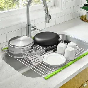 Dish Drying Rack, Roll-Up Dish Drying Rack, Vegetable and Fruit Draining Rack, Stainless Steel Sink Drying Rack, Foldable Dish Drainer, Ideal for Kitchen Sink Counter Storage, Air-Drying Dishes, Freeing Up Counter Space, or As A Tripod. Kitchen Tools.