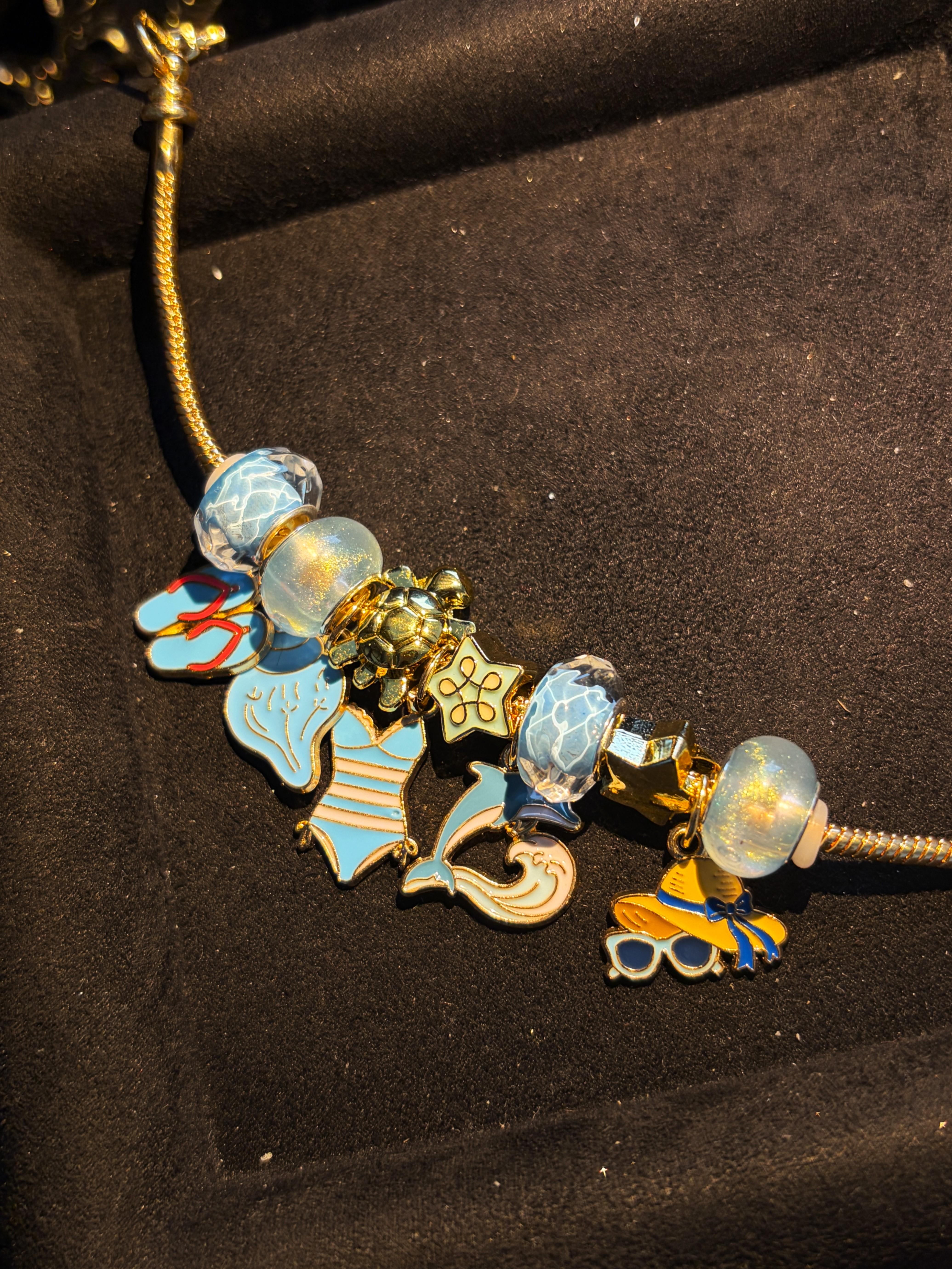 Women's Ocean Beach Theme Charm Bracelet, Gold-Tone Adjustable Snake Chain Bracelet with Shimmer Water-Like Beads, Summer Fashion Jewelry Gift Women's Ocean Beach Theme Charm Bracelet, Gold-Tone Adjustable Snake Chain Bracelet with Shimmer Water-Like Beads, Summer Fashion Jewelry Gift