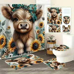 1pc/4pcs Cute Cow and Sunflower Bathroom Decor Set - Rug, Non-Slip Mat, Waterproof, 12 Hooks, Shower Curtain, Bathroom Seat Cushion and Floor Mat, Home Bathroom Accessories, Bathroom Mat| Optimistic design| Durable craftsman-made bathroom decor