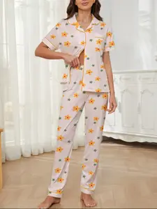 Women's Spring & Fall Home Set, Floral Print Sleepwear Loungewear Pajama, Button Front Short Sleeve Top, Elastic Long Pants, Soft Stretch Fabric