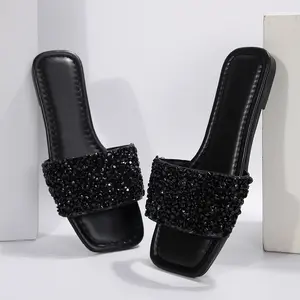 Women Rhinestone Decor Flat Sandals Square Toe Fashion Glitter Bling Slides With Soft Summer Slippers