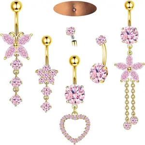 CASSIECA 14G Surgical Stainless Steel Belly Piercing Rings Cute CZ Flower Butterfly Heart Dangle Navel Jewelry for Casual Wear Daily Use, Body Jewelry (Pink/Gold/Silver) Summervibes