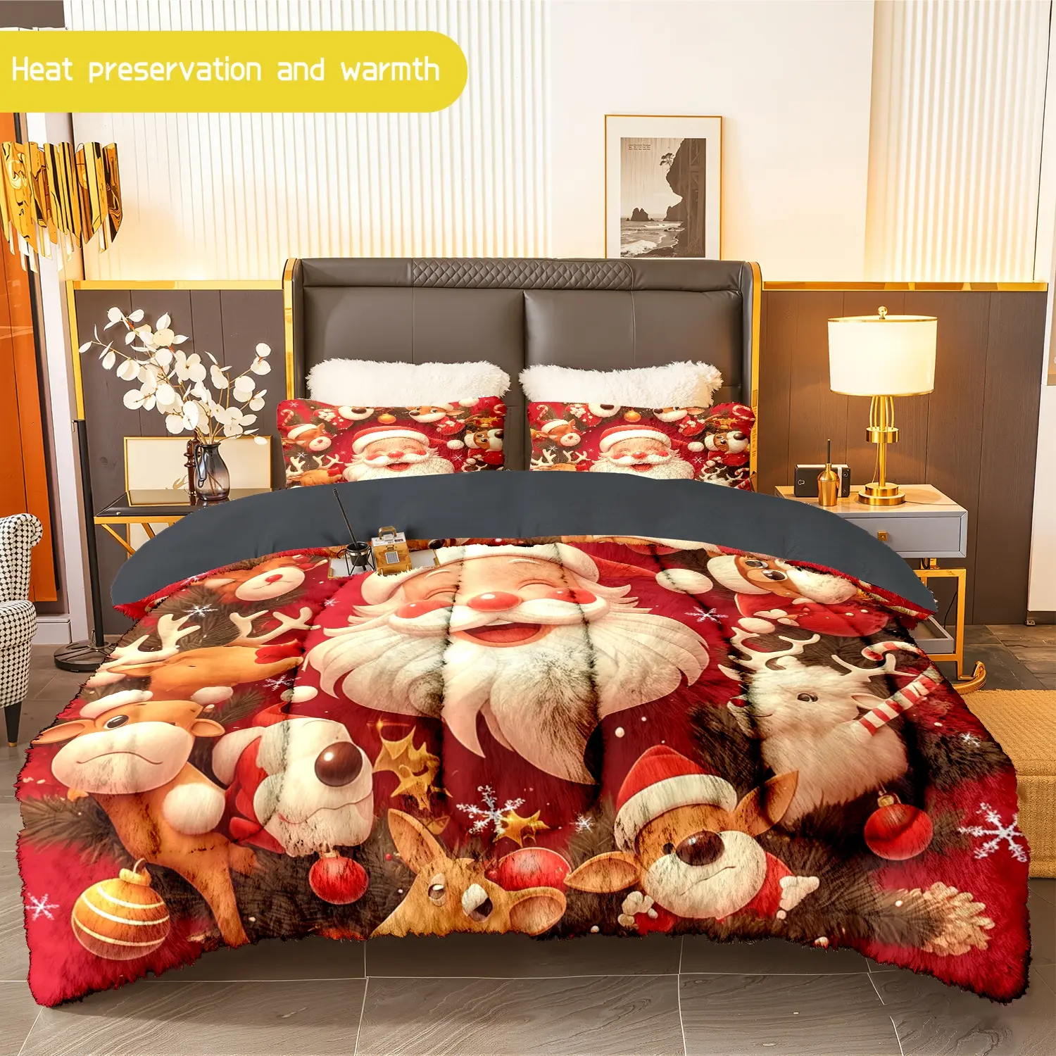 3pcs (1 comforter + 2 pillowcases) Santa Reindeer Christmas Flannel & Milk Velvet Comforter Set, Soft Warm Bedding Set for Adults, Cozy Plush Quilt Set, Trendy Bedding Essentials