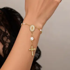 Gold Virgin Mary Cross Bracelet for Women, Pearl Beaded Religious Charm Bracelet, Elegant Jewelry Gift