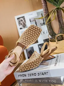 Fishnet Square Toe Backless Sandals, French Unique Design, Asymmetrical Heel, Comfortable for Work and Dates, Versatile Women's Shoes Footwear